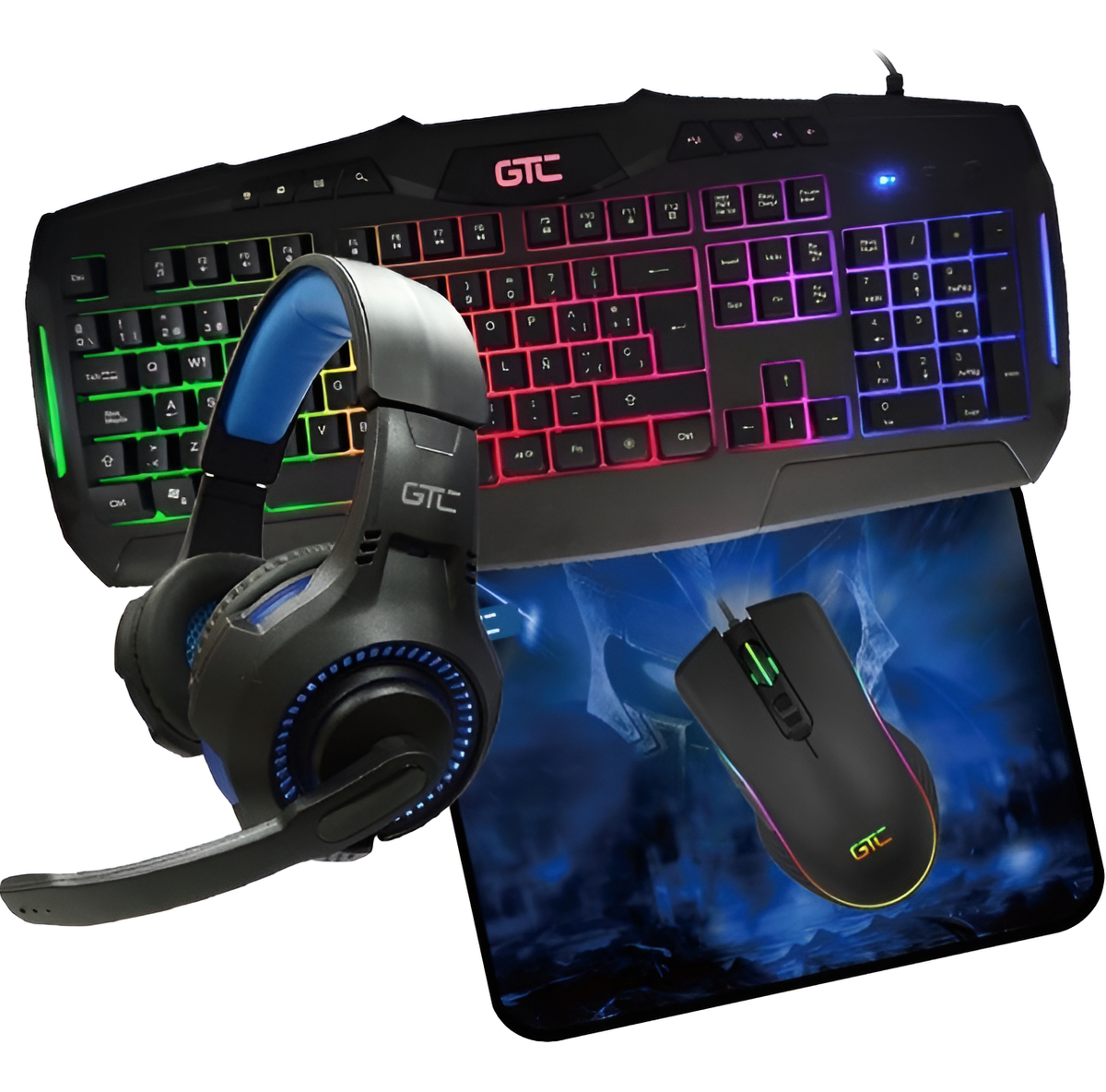 KIT GAMER RGB TECLADO MOUSE AURICULAR Y PAD MOUSE GTC CBG-014