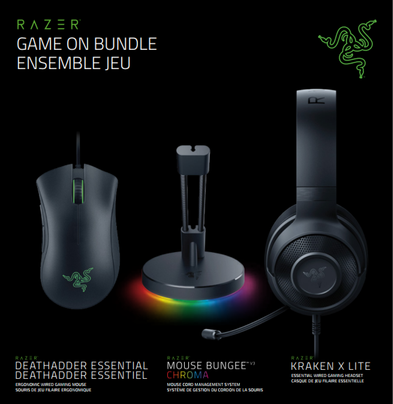 RAZER GAME ON BUNDLE MOUSE + AURICULAR + BUNGEE