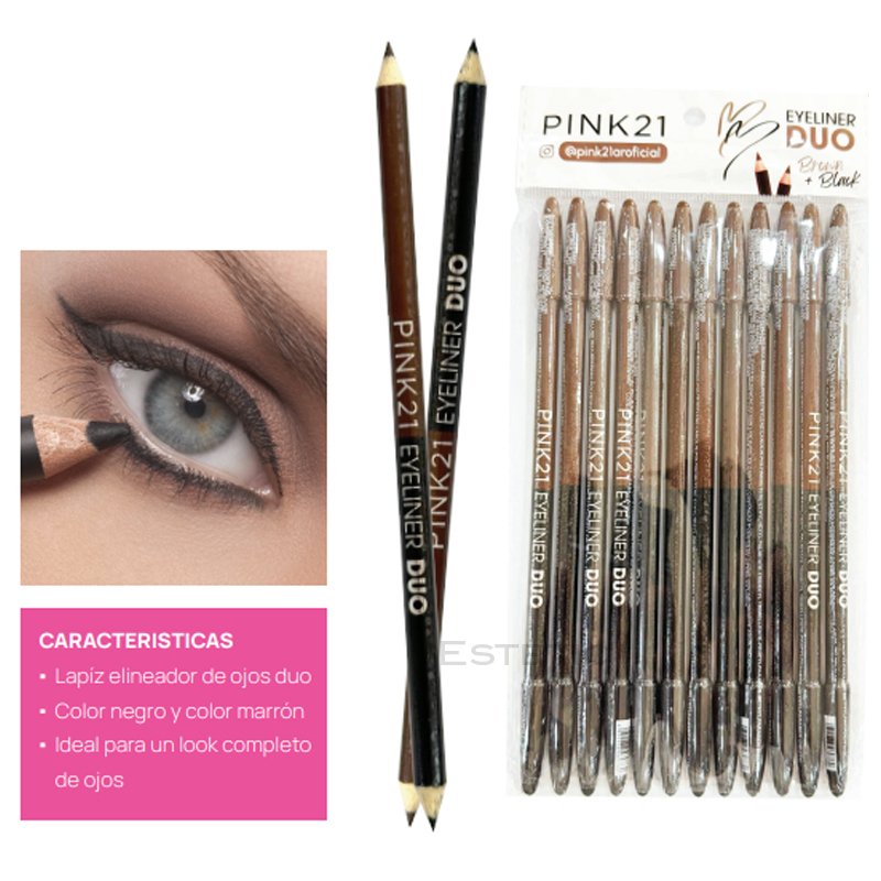 Pack X6 Delineador Duo Doble Punta Marron y Negro Pink 21 (PROMO)