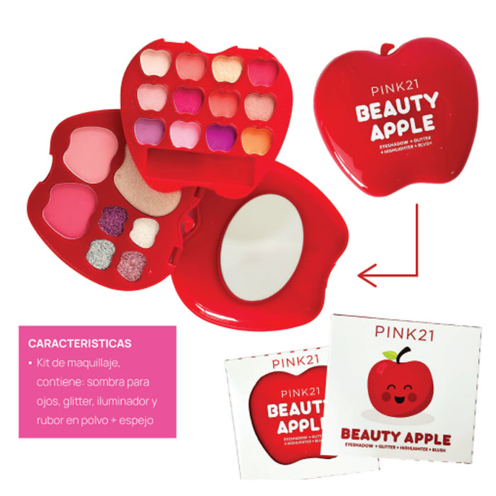 Kit Maquillaje Beauty Apple Sombra + Glitter + Rubor + Iluminador Pink 21
