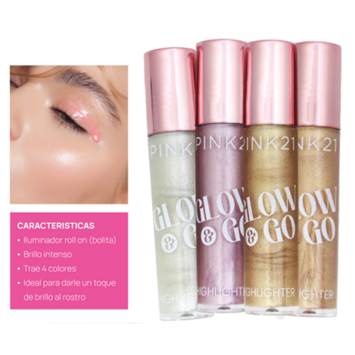 PACK X12 Iluminador Roll On Glow & Go Brillo Intenso Pink 21 (PROMO)