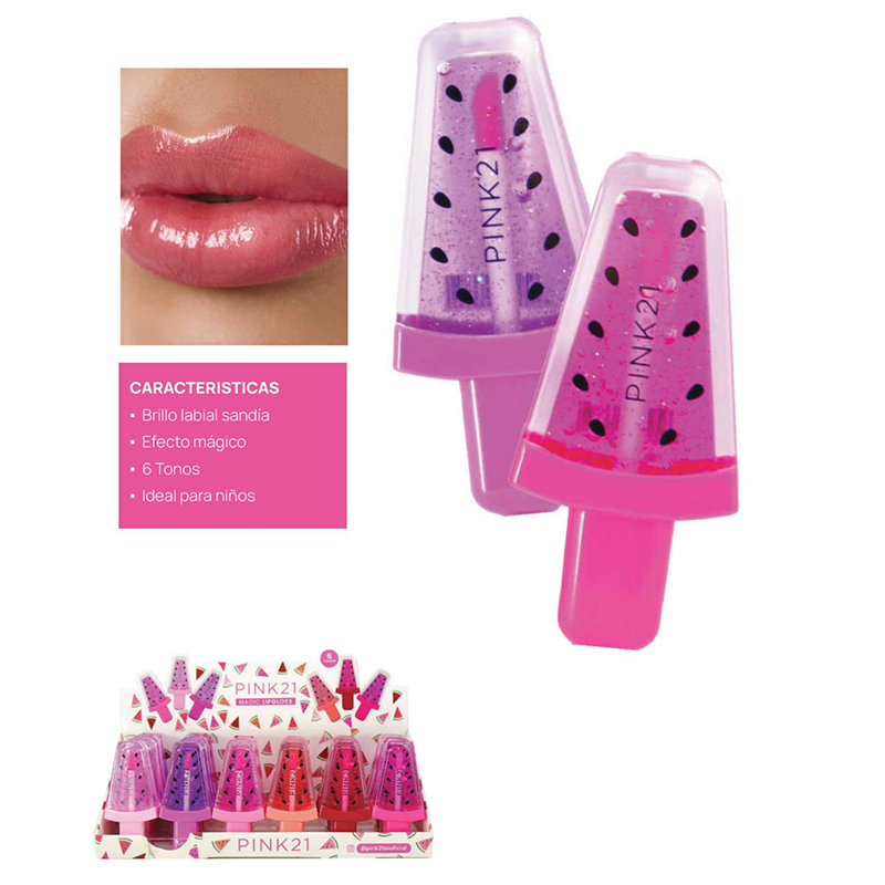 Lip Gloss Sandia Efecto Magico + Glitter Pink 21