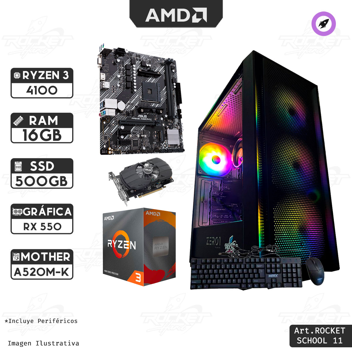 Rocket School 11 - Ryzen 3 4100 - A520m-a - 16gb - 500gb - Rx 550 2gb - Gabinete Rgb - Perifericos