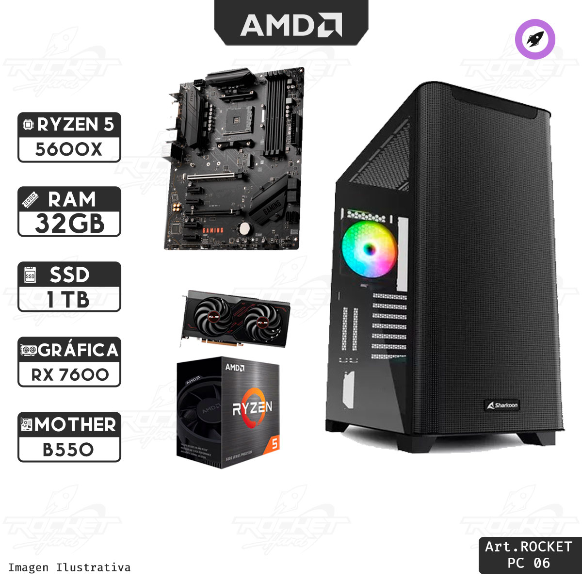 Pc Rocket - Ryzen 5 5600x - 32gb - 1tb - Rtx 5060ti - 750w - Gabinete Rgb