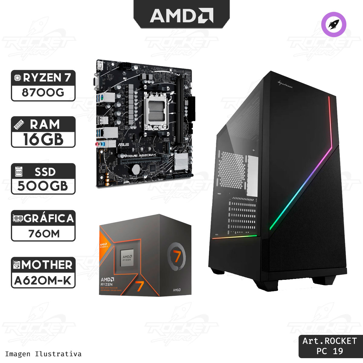 Pc Rocket Ryzen 7 8700g - 8gb - 480gb- Gabinete Rgb