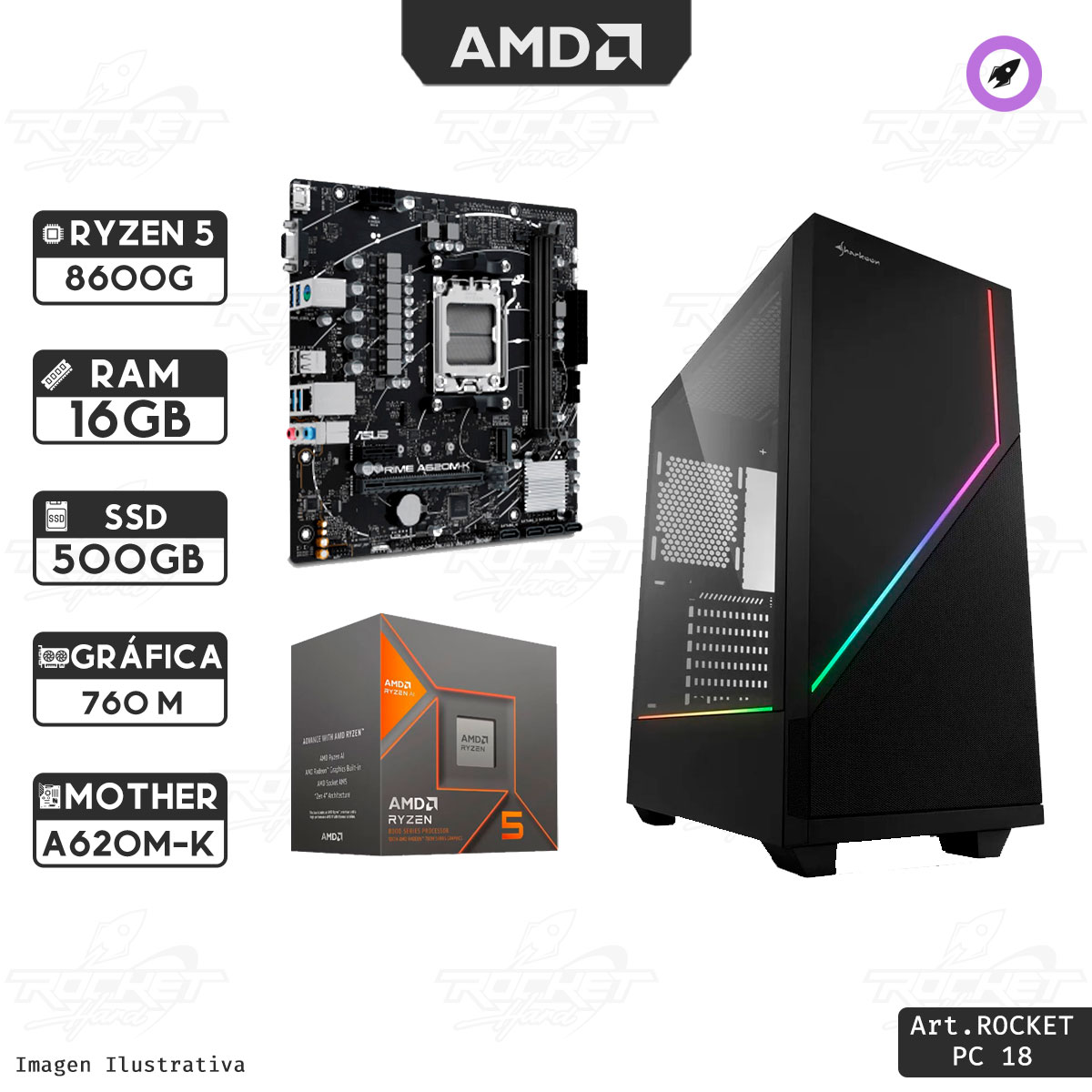 Pc Rocket Ryzen 5 8600g - 16gb - 480gb - 650w - Gabinete Rgb