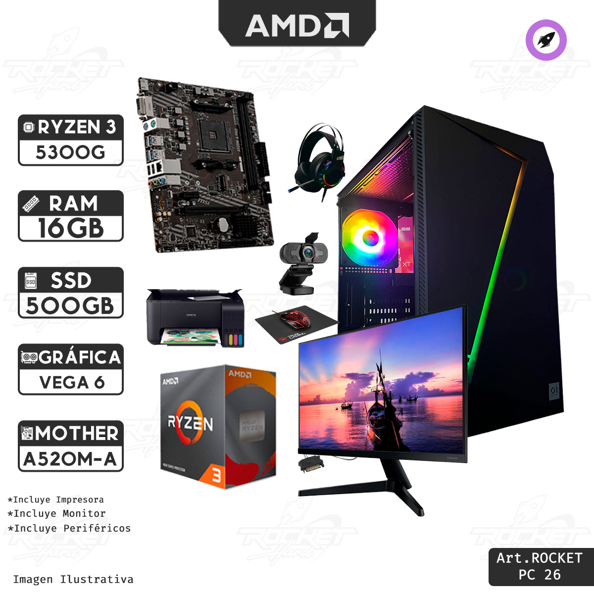 Rocket School 03 - Ryzen 3 5300g - A520m-k - 16gb - 500gb - Gabinete Rgb - Perifericos - Impresora - Monitor