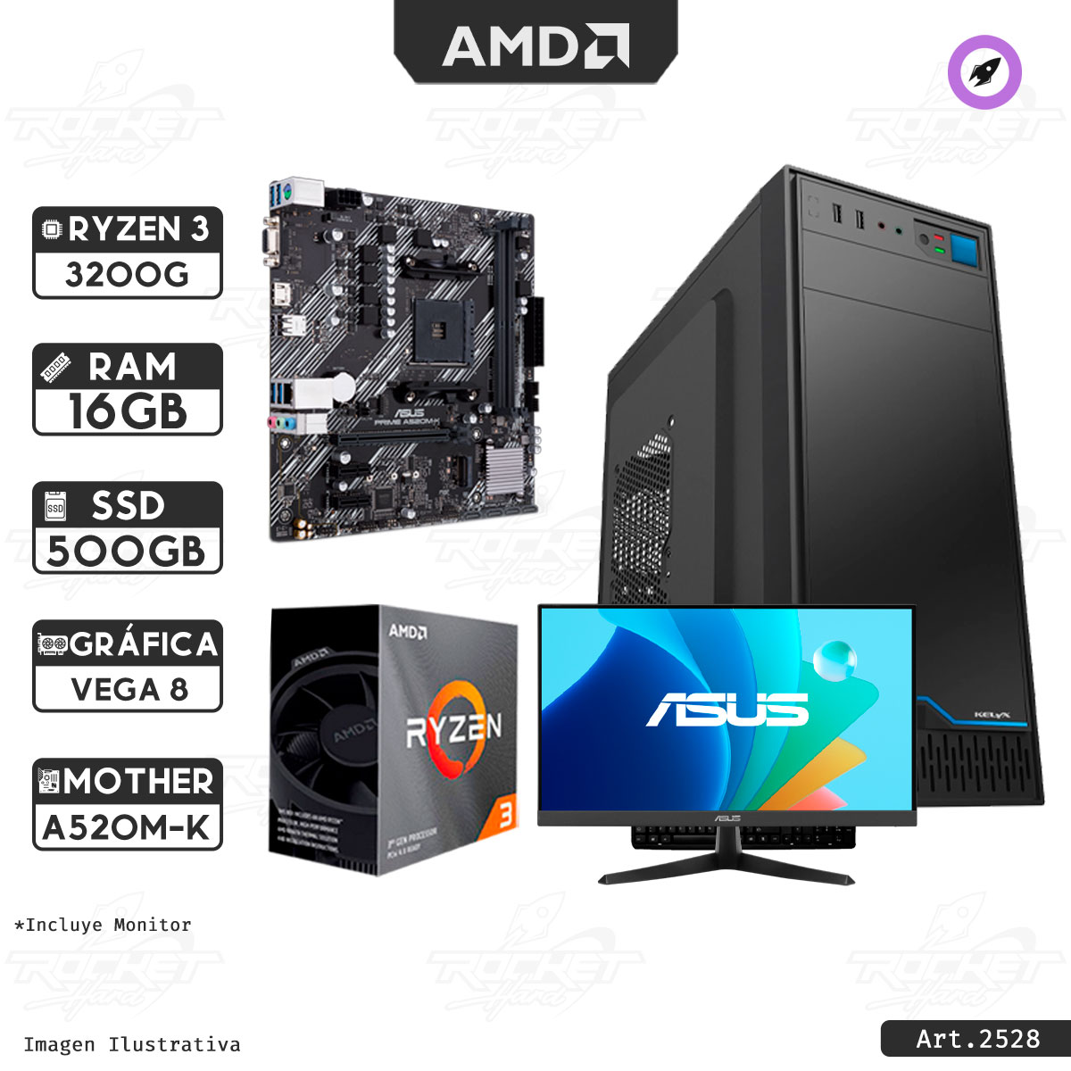 Pc Rocket - Ryzen 3 3200g - 16gb - 480gb - Kit Gabinete - Monitor