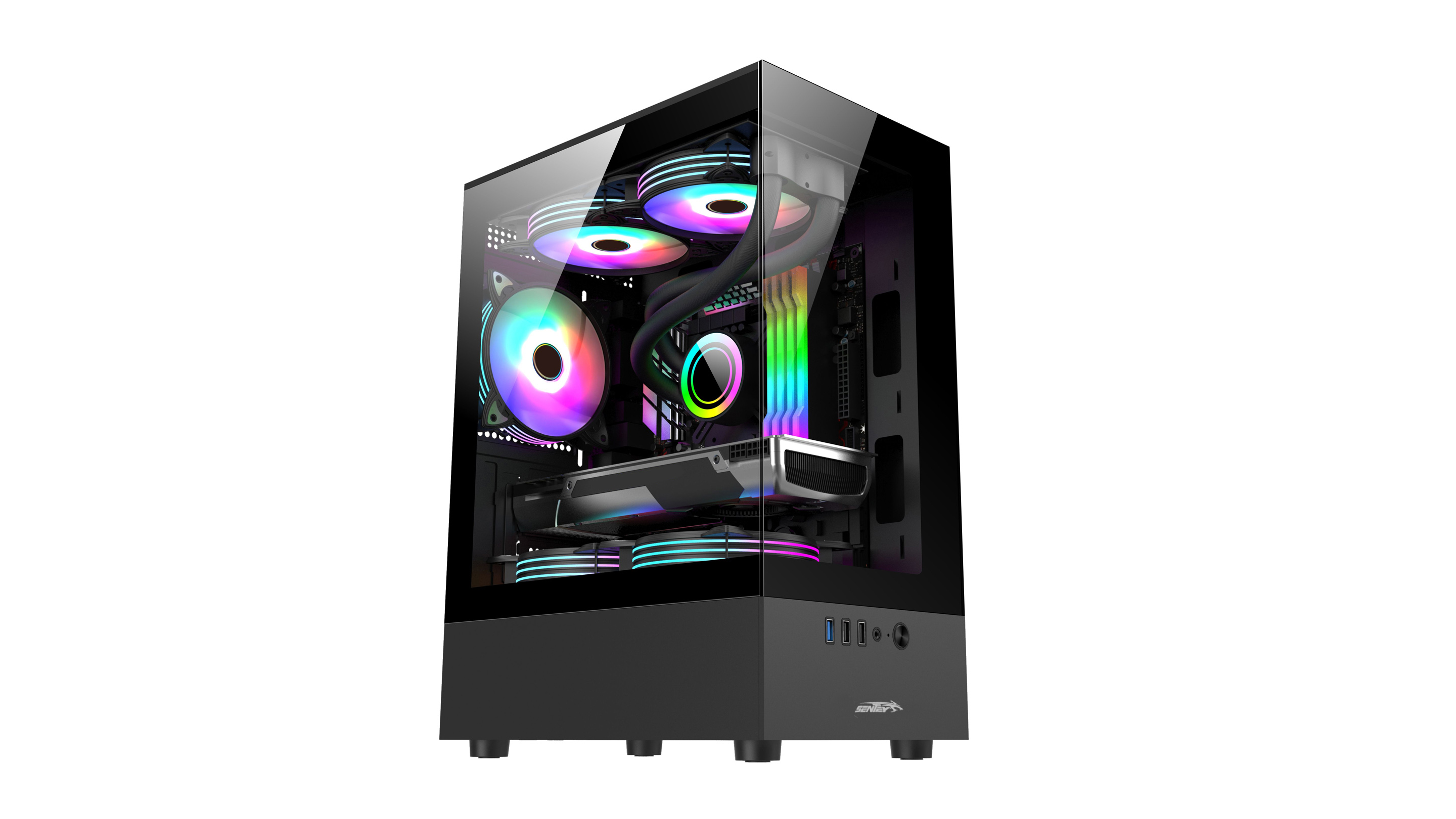 Gabinete Sentey H10 negro con vidrio templado lateral y frontal con 5 fan ARGB