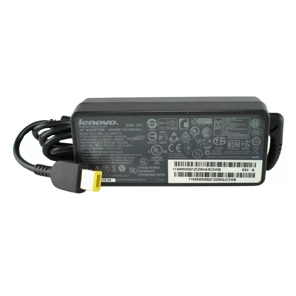 Cargador Lenovo 20V 3.25A 65W USB Cuadrado amarillo 45N0320