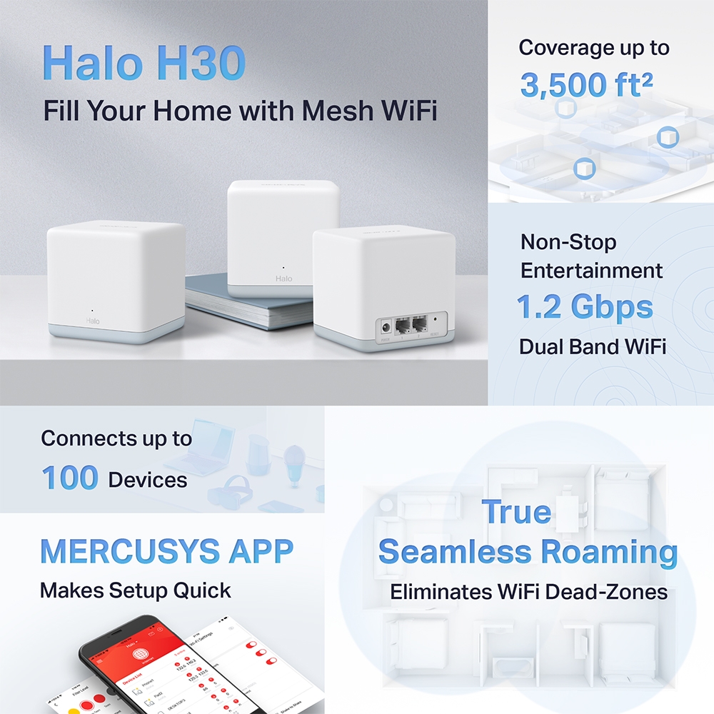 Sistema Mesh Wifi 5 Mercusys Halo H30 AC 1200 MBPS Pack 3 unidades