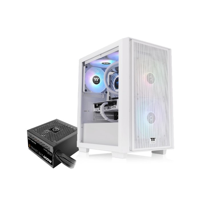 GABINETE GAMER THERMALTAKE H16 M-TOWER FAN ARGB X3 SNOW WHITE C/FUENTE 650W 80PLUS BRONZE 