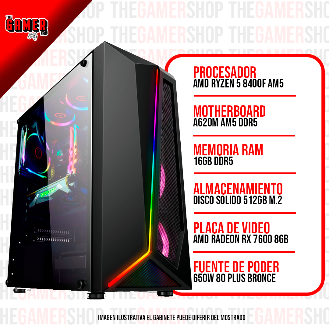 PC GAMER  RYZEN 5 8400F - RX 7600 8GB - 16GB DDR5 - 512GB M.2  N290 + WINDOWS11