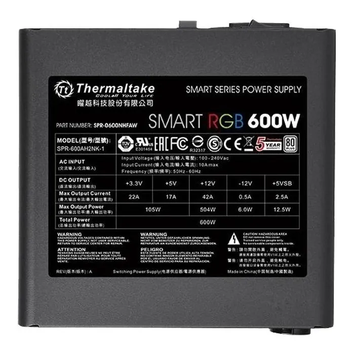 FUENTE GAMER THERMALTAKE SMART RGB 600W 80 PLUS