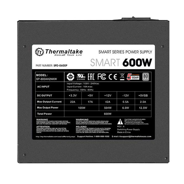 FUENTE GAMER THERMALTAKE SMART 600W AG80 PLUS WHITE