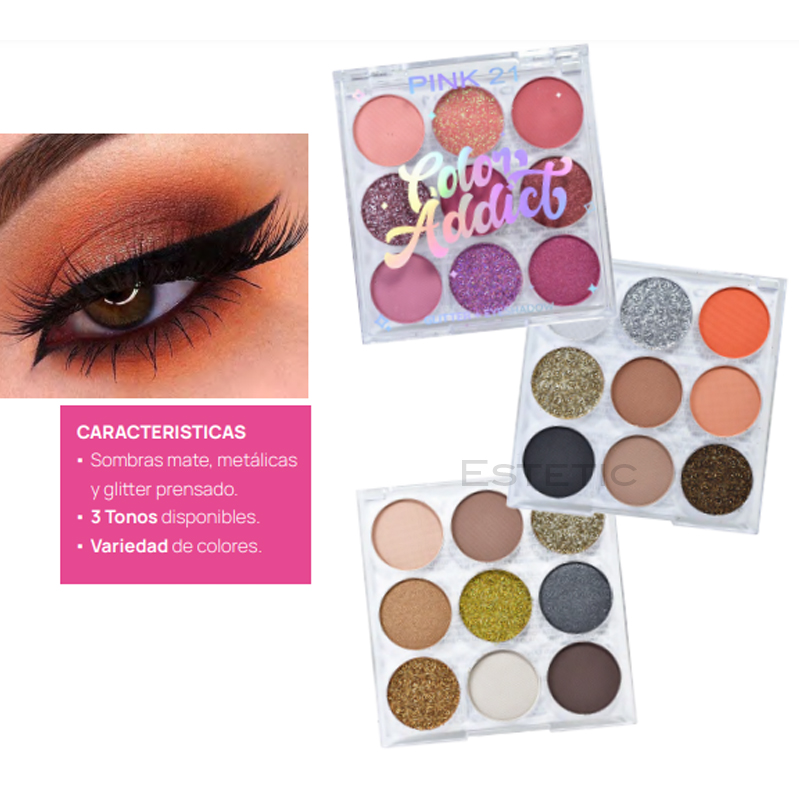 Pack X3 Paleta Sombras Matte + Metalizadas + Glitter Pink 21 (PROMO)
