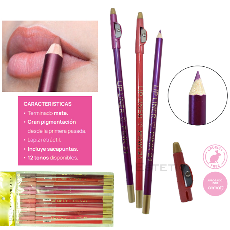 Pack X12 Delineador Labios Matte C/Sacapuntas Pink 21 (PROMO)(SURTIDO)