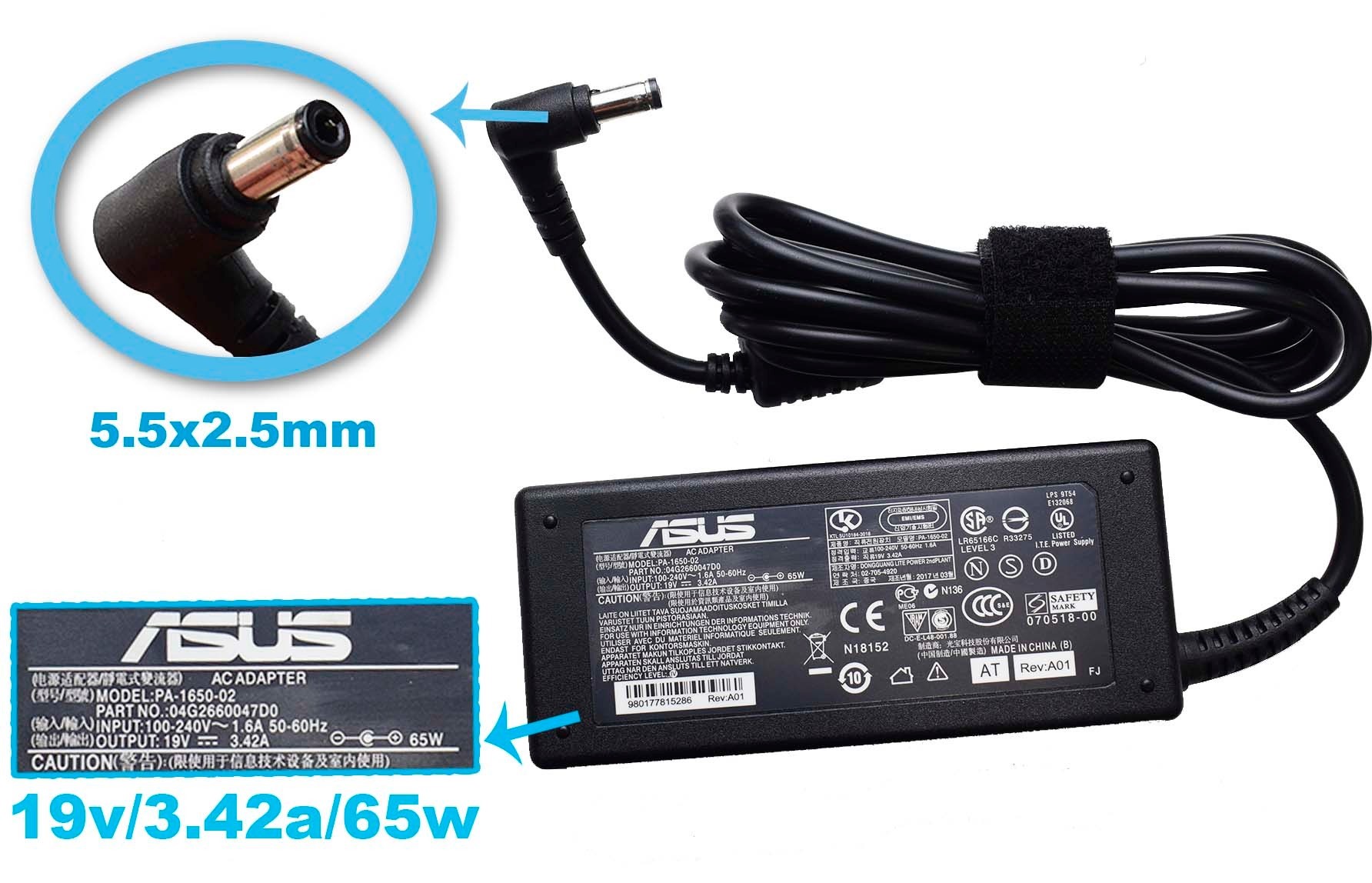 Cargador Notebook Asus  Ficha Estandar Negra ADP-65DB V85 19V 3.42A