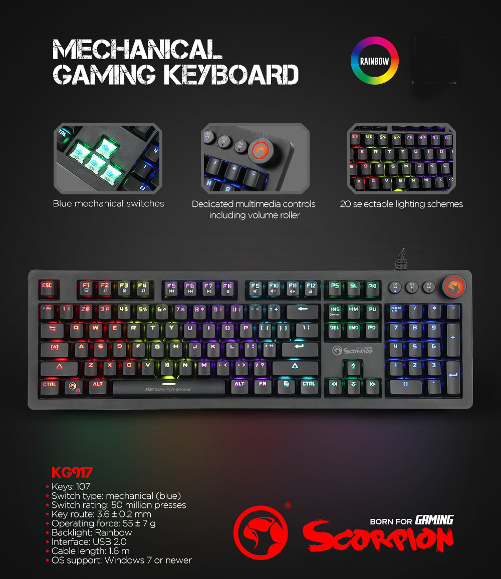 Perifericos Teclado Gamer MARVO KG917 BLUE 100% MECHANICS